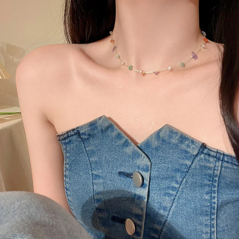 Korean Fashion Jewelry Necklace Colorful Irregular Lovely Sweet Stone Necklace Crystal Necklace Women Wholesale