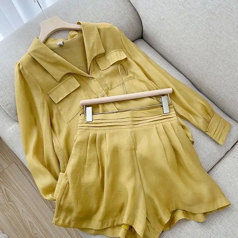 Women Autumn Shorts Suits Holiday Lantern Sleeve Lapel BlouseS And High Waist Pants 2 Pieces Jogger Sets Ladies Casual Outfits