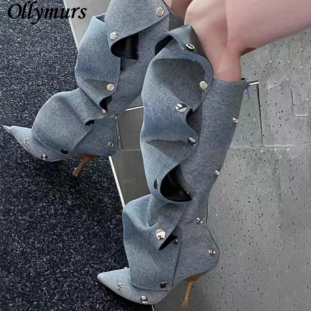 

Женские джинсовые сапоги до колена, с металлической пряжкой, в европейском и американском стиле, с заостренным носком и заклепками