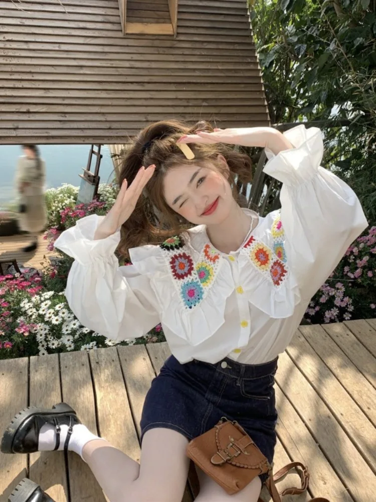 

Hikigawa Preppy Chic Fashion Blouse Peter Pan Collar Sweet Elegant Shirt Floral Patchwork All Match Casual Blusas Tops Mujer