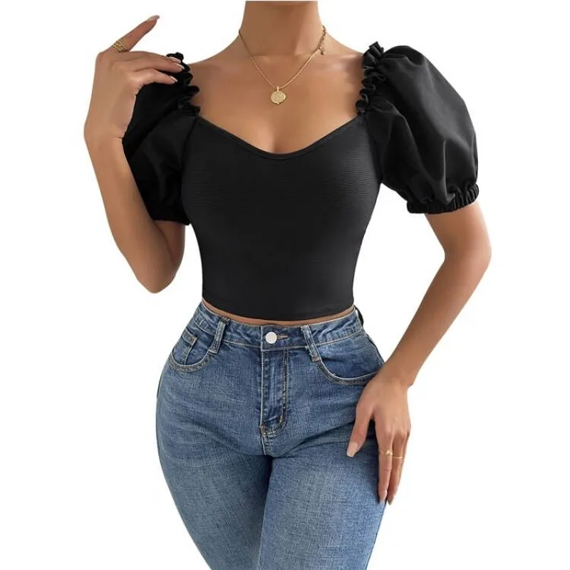 

Облегающая короткая футболка, женские топы, модные Лоскутные Топы с пышными рукавами, летние модные винтажные элегантные женские футболки ...