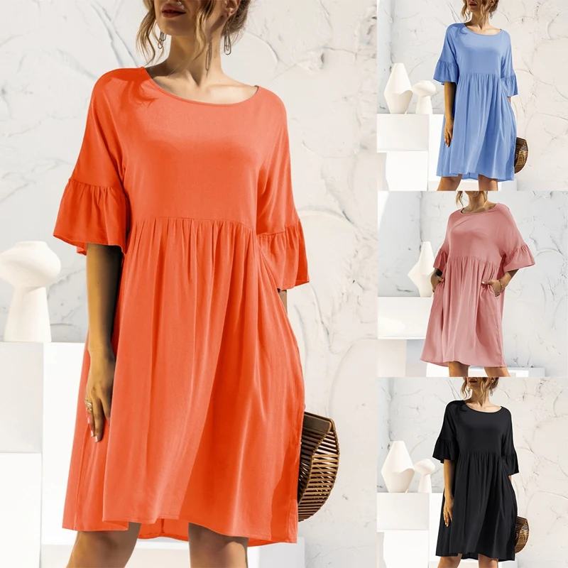 

Summer O-Neck Flare Sleeve Loose Dress Women Solid Color Casual High Waist Pockets Elegant Sweet Party Dress