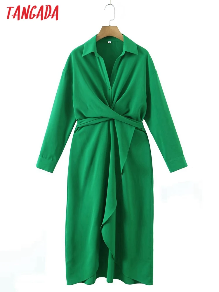 

Tangada 2022 fashion women green cross dress with slash vintage long sleeve office ladies midi dress SL180