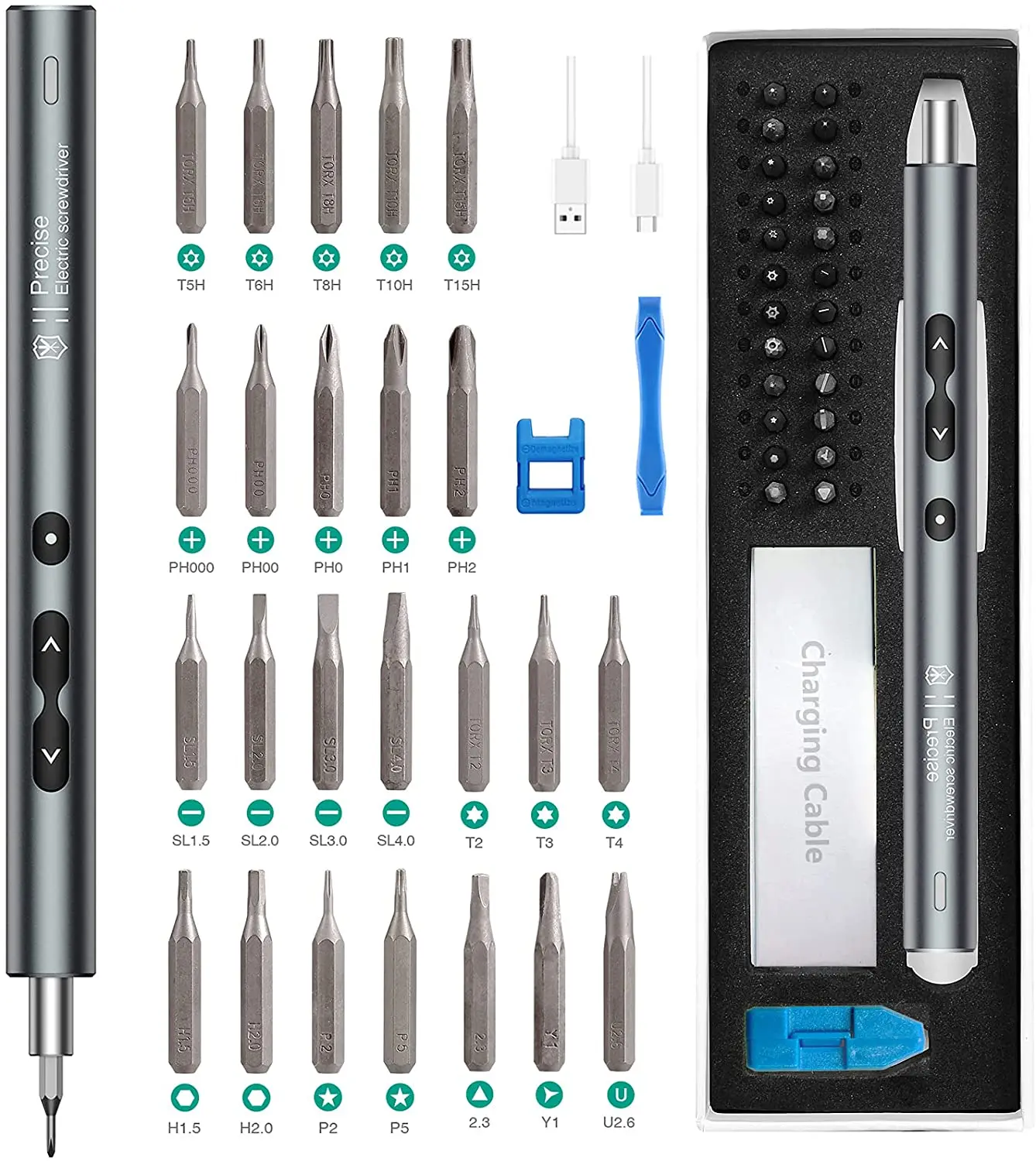 

28 in 1 Cordless Rechargeable Electric Screwdriver Set with 24 Precision Bits & LED Lights, Handy Precise Repair Tool for xiaomi