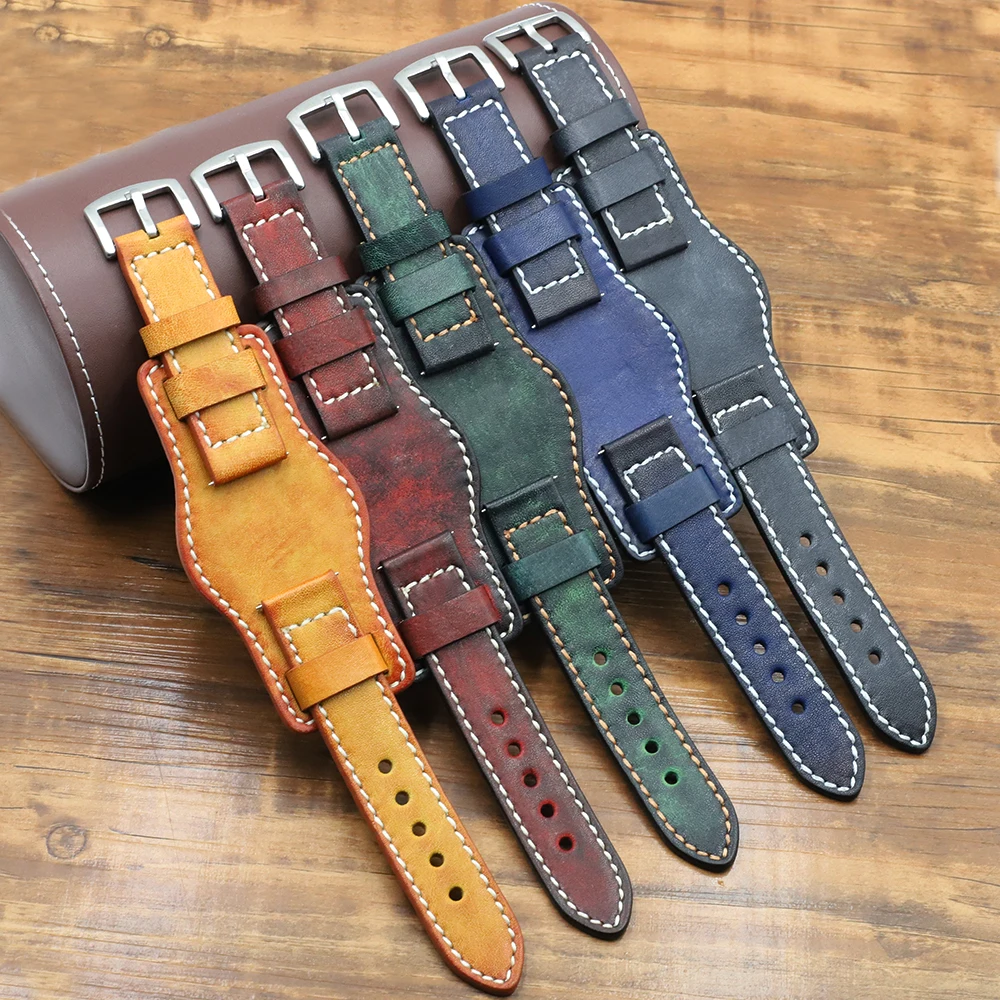 Leather Bund Strap Men's Watch Band 20mm 22mm 24mm Leather Cuff Watch Bracelet Yellow Blue Black Green Red Color Watch Strap