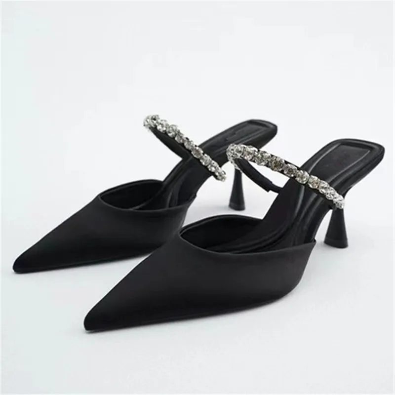 

2022 Spring New Women's Single shoes Black Upper Satin Rhinestone Decoration High Heel Pointed Elegant Muller Shoes