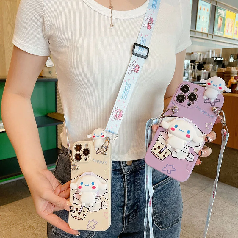 

Sanrio Cinnamoroll с зеркалом в туалетном столике, чехлы для телефонов с ремешком через плечо для iPhone 13 12 11 Pro Max Mini XR XS MAX X, задняя крышка