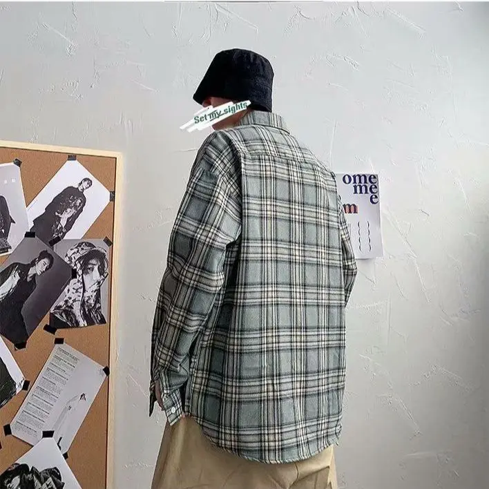 Summer Autumn Versatile Men's Cool Casual Loose Tess Button T-Shirt Soft Long Sleeve College Style Plaid Student Sport