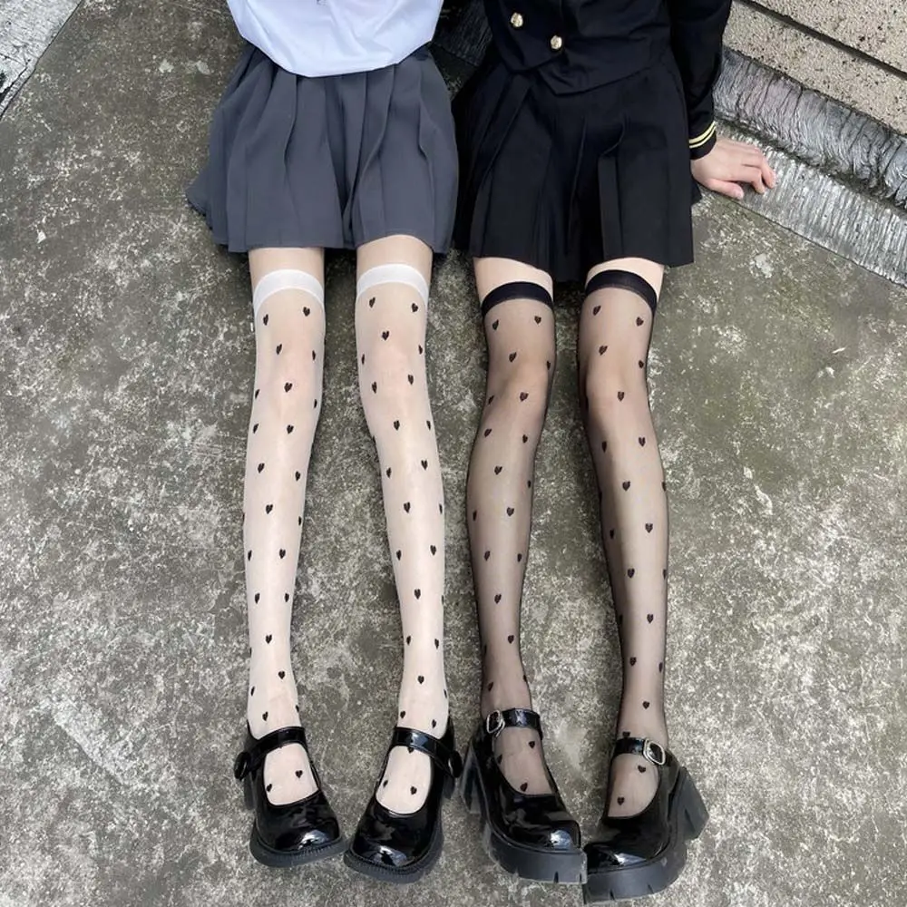 

1Pair Japanese Style Love Heart Over Knee Socks College Style Stockings Women's Summer Ultra-thin Transparent Stockings Tide