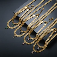 zmfashion retro mesh jewelry set colorful rectangle zircon choker chain popular necklace bracelet for women men stainless steel