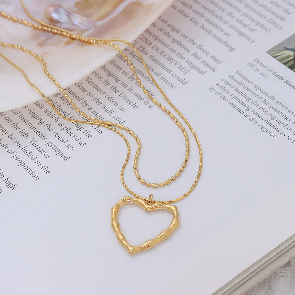 

Elegant Gold Color Heart Pendant Clavicle Chain Stainless Steel Double Layered Necklace Women Jewelry Birthday Gif