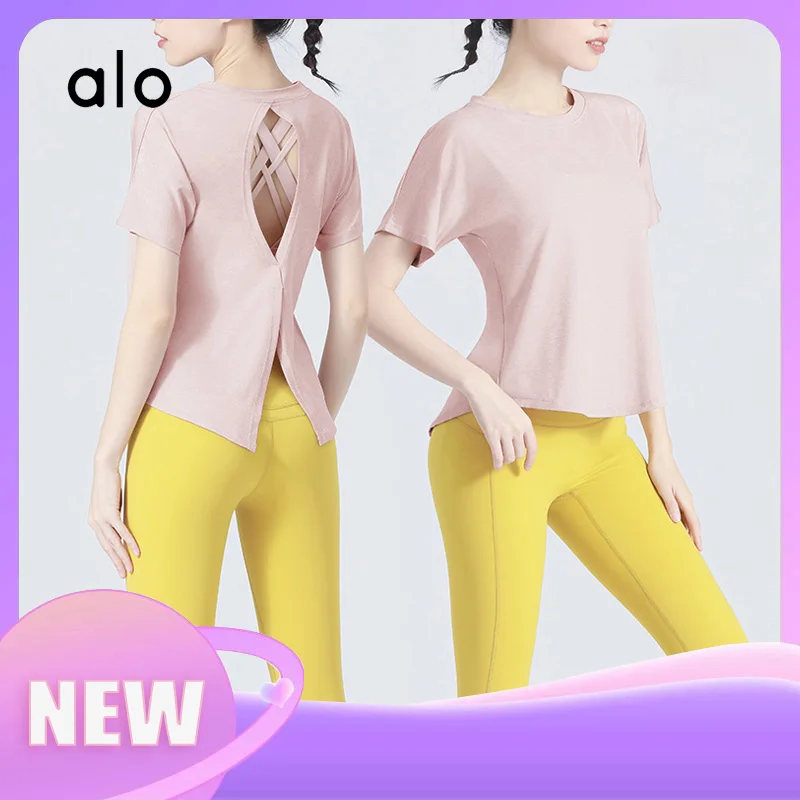 

Alo Yoga Women's Back Hollow Short Sleeve Four-color Sexy Sports T-Shirt Fitness Training Top Outdoor Running Leisure Breathable