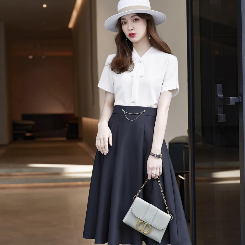 

Short Sleeve Ladies 2 Piece Skirt and Top Sets Office Work Wear Clothes White Fashion Women Chiffon Blouses Shirts