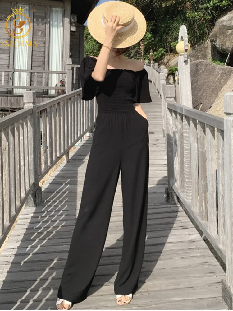 

New Summer Women Casual Sexy Off Shoulder Black Jumpsuit Trousers Overalls Ladies Elastic High Waist Wide Leg Playsuit Romper