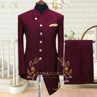 szmanlizi 2022 new indian style burgundy mens suits with pant stand collar man wedding dress groom party tuxedos terno masculino
