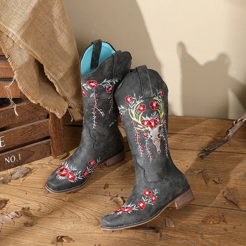 

2022 New Fashion Mixed Color Knee-high Great Quality Women Shoes Plus Size 43 Embroider Western Boots Comfy Walking Corral Boots