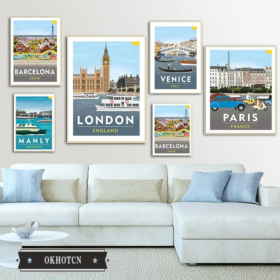

Paris London New York Sydney Melbourne Barcelona Poster World City Travel Scenery Wall Art Canvas Paintings Nordic Pictures