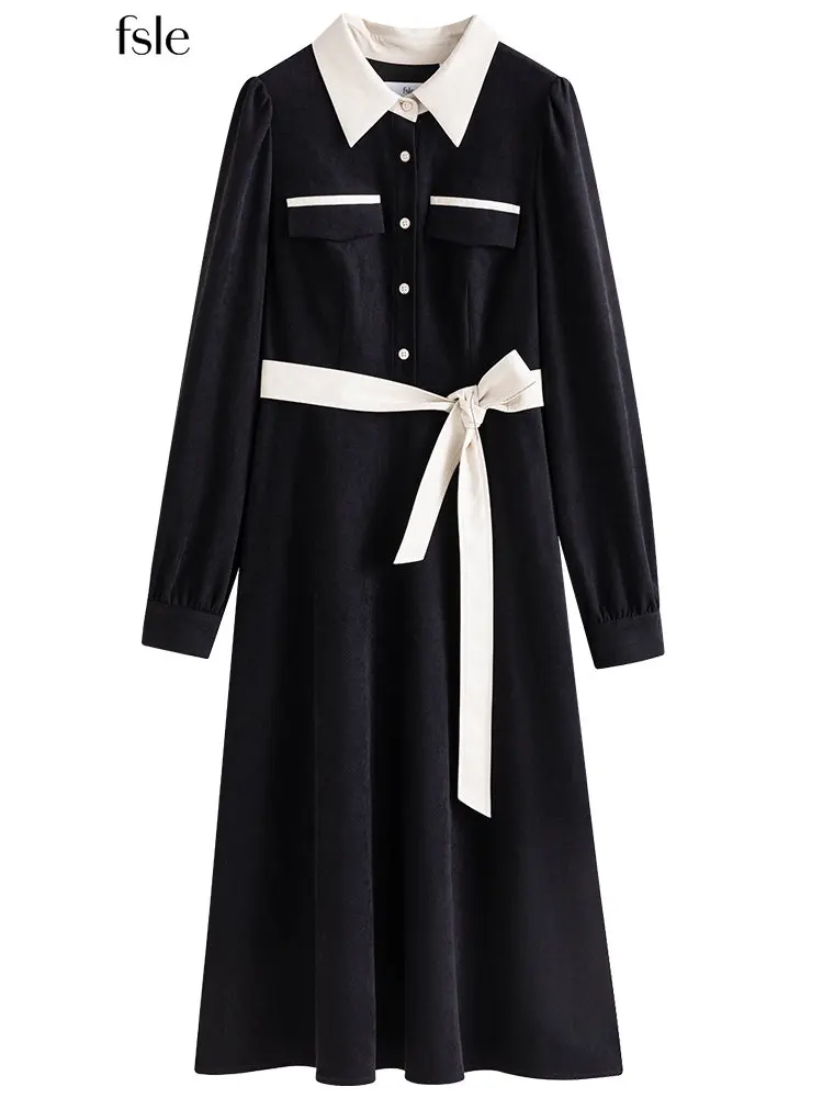 

FSLE Women Small Fragrance Long Sleeve Dress Patchwork PU Leather Design Mid-Calf A-LINE Skirts Belt Design Winter Thick Dress