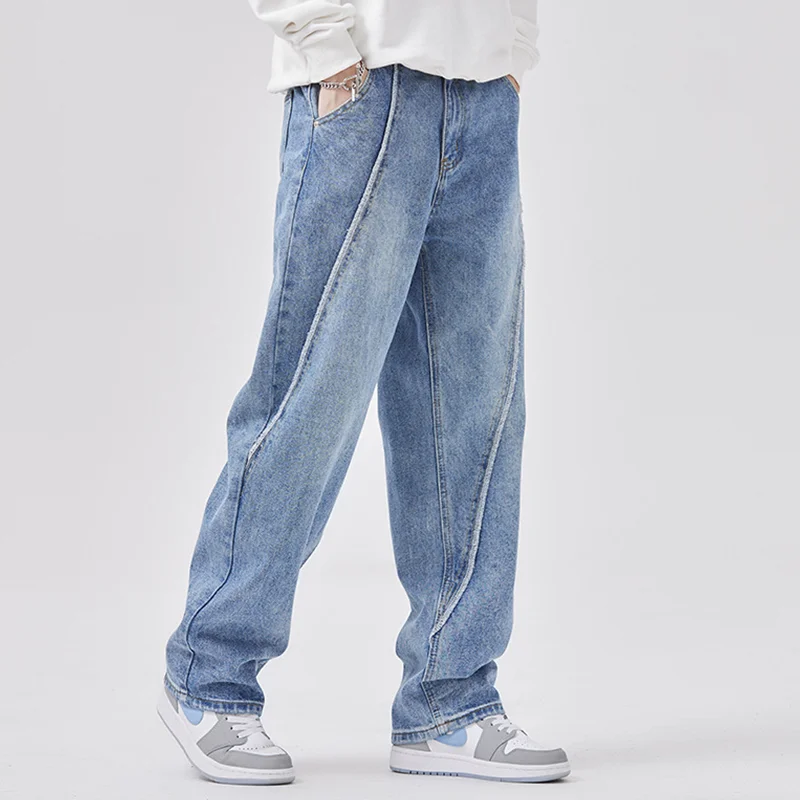 Streetwear Men New Pattern Recreational Sagging Straight Loose Jeans Three Dimensional Pit Strip Design Trousers Autumn Female