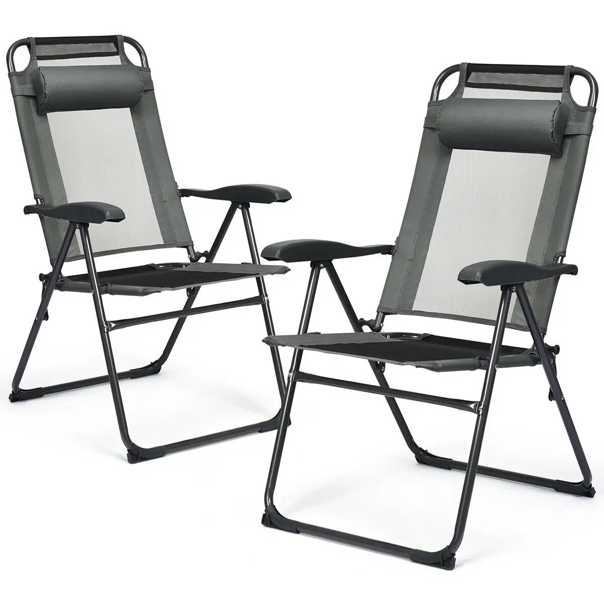 

Costway 2PC Folding Chairs Adjustable Reclining Chairs with Headrest Patio Garden Grey