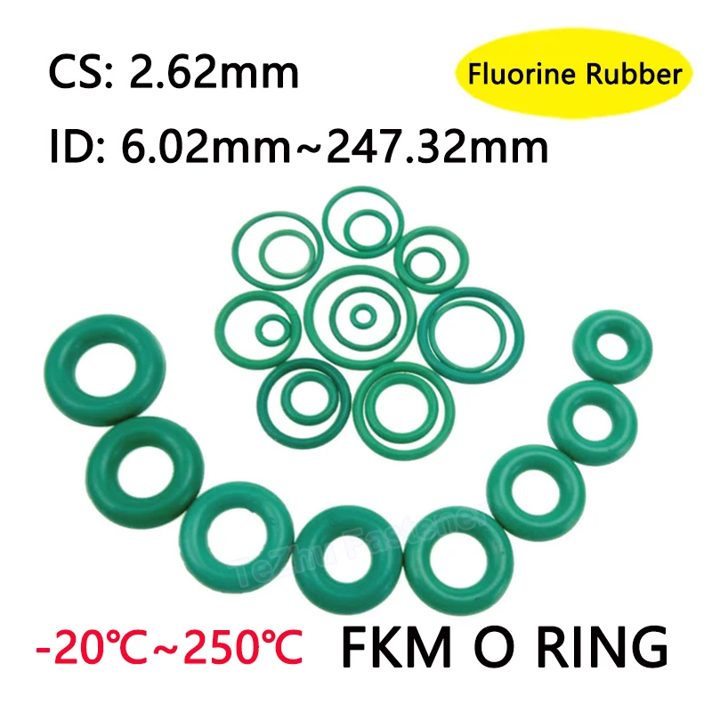 

Green FKM O Ring Oil Sealing Gasket Hard Thickness CS 2.62mm ID 6.02mm-247.32mm Fluorine Rubber O-Ring High Temperature Washer