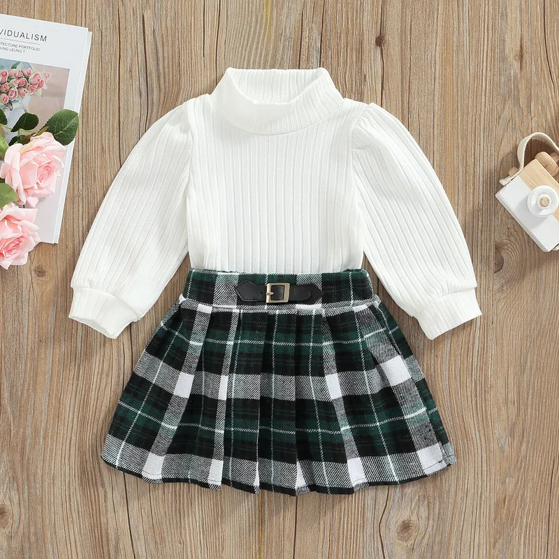 

2 Pieces Kids Girl Suit Plaid Skirt Set Spring Autumn Clothes Solid Color High Collar Long Sleeve Tops+ Plaid Pleated Skirt