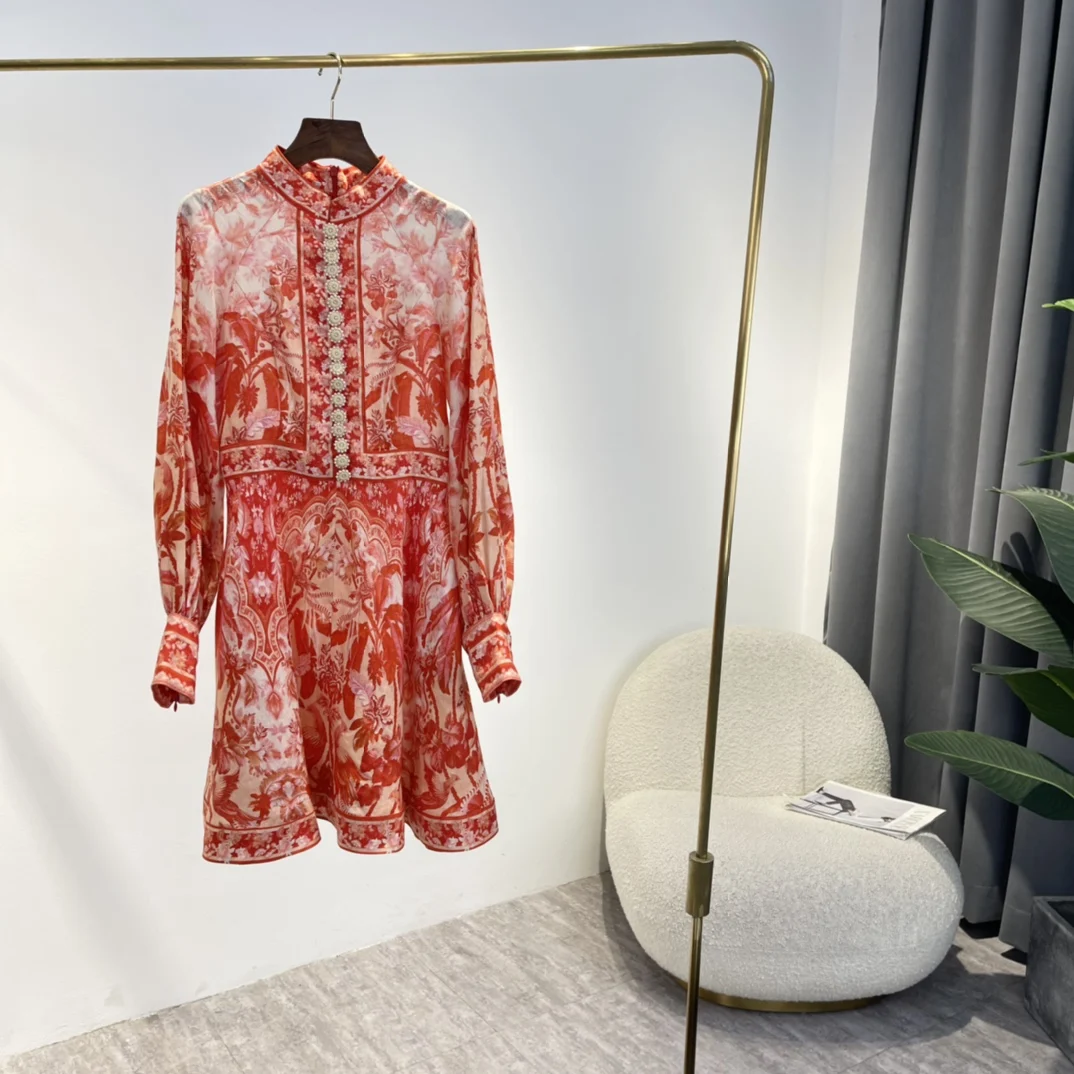 

Palm Tree Floral Scenery Printing Orange Mini Dresses Unique Flower Buttons 2022 High Quality Linen Women Clothing