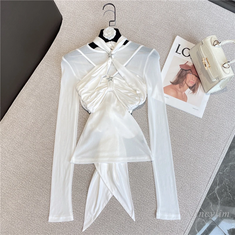 

2022 Spring and Summer T Shirts for Women New Trendy Halter Spaghetti Straps Sexy Long Sleeve Mesh Bottoming Skinny Top
