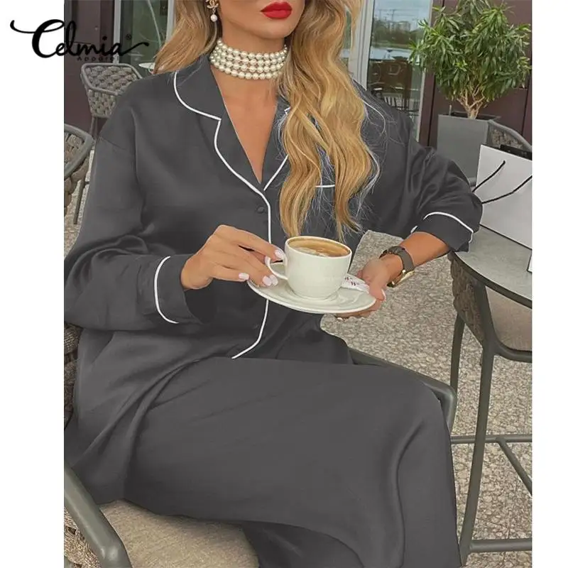 

Повседневный свободный женский пижамный комплект Celmia из блузки с длинным рукавом и длинных брюк с широкими штанинами, 2022