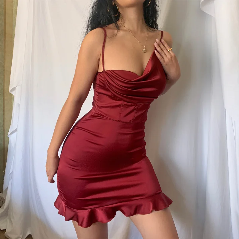Women Dress Summer Sexy Backless Spaghetti Strap Bodycon Folds Front Flounced Edge Mini Dresses Elegant Vestidos