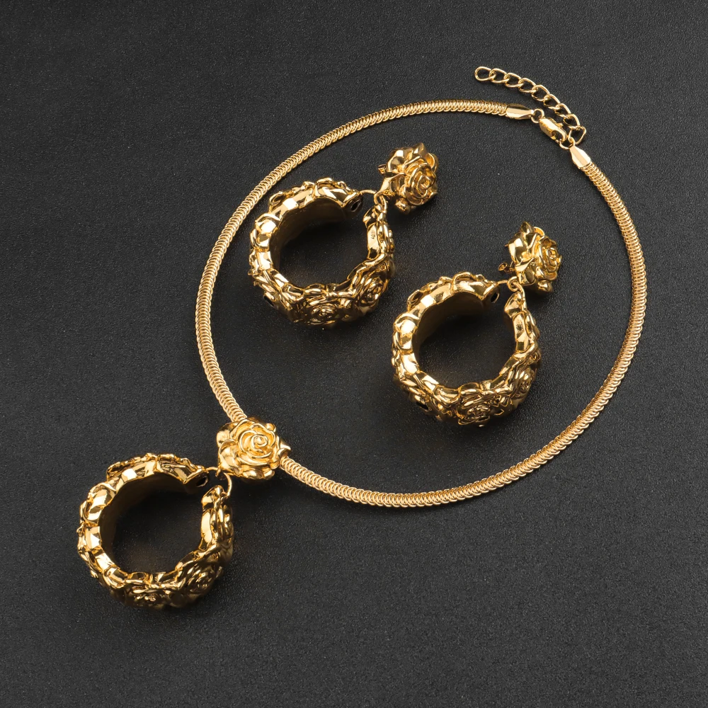 

Flower Shaped Earring Pendant Dubai Gold Color Jewelry Sets For Women High Quality Copper Jewelry Anniversary Wedding Party Gift