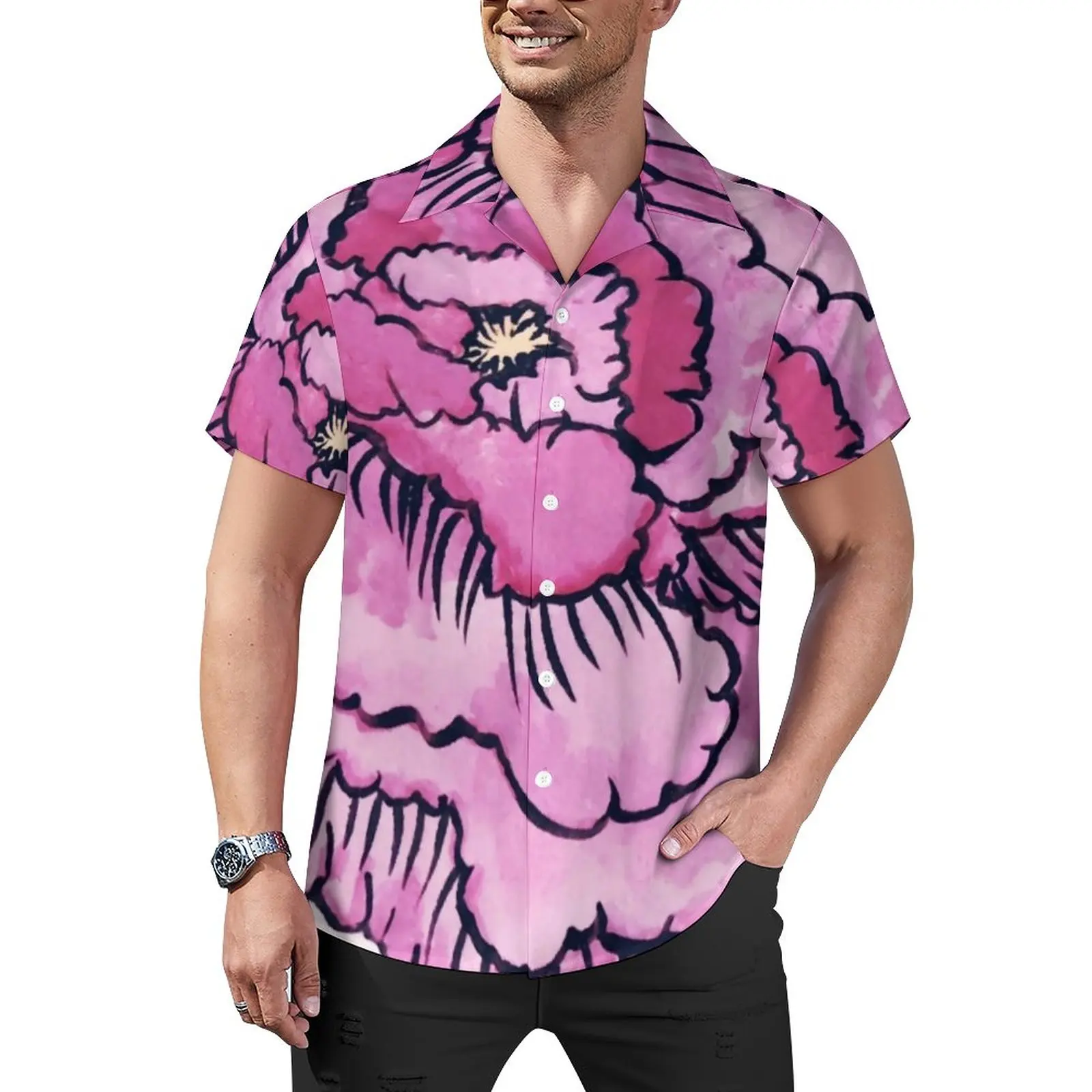 

Big Pink Flower Casual Shirt Abstract Floral Print Beach Loose Shirt Summer Novelty Blouses Short Sleeves Pattern Oversize Tops