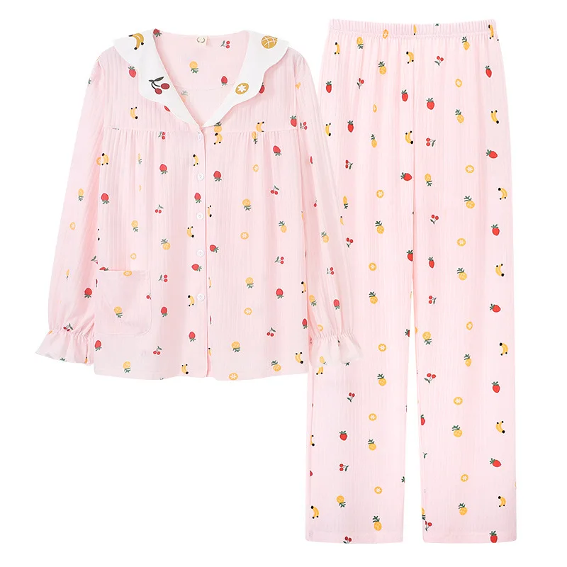 New Fresh Cotton Floral Sleepwear Women Spring Autumn Home Clothes Lapel Long Sleeve Shirt Pant Suit Female Pajamas M-4XL