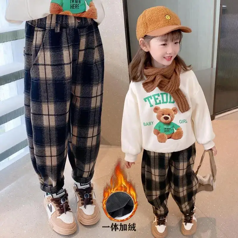 Girls' Pants 2022 Autumn and Winter New Fashion Medium and Big Children Wear Loose Casual Plaid, Brushed Ankle Banded Pants