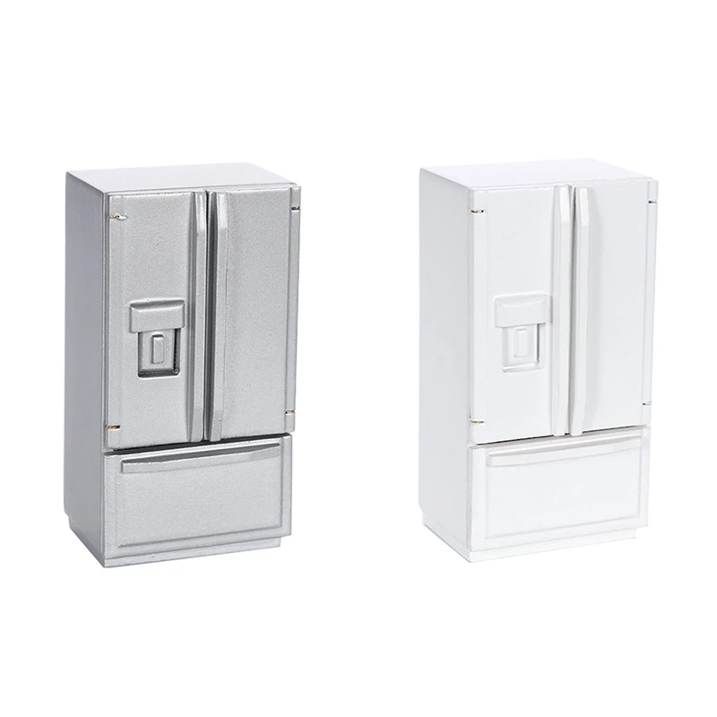 

-1/12 Dollhouse Miniature Double Door Refrigerator Kitchen Scene Wooden Refrigerator For Dollhouse Decor