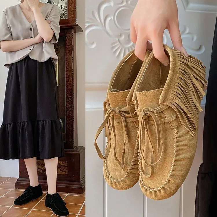 

Women's boots autumn and winter 2022 low-tube fringed boots comfortable flat-bottom lace-up ankle boots women's plus size 43