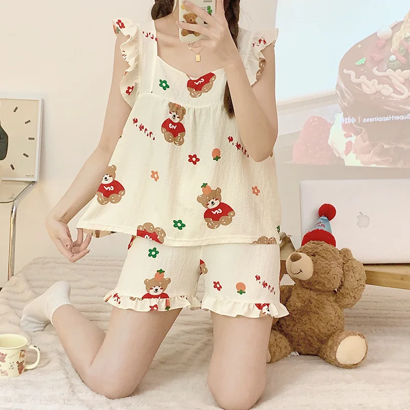 2023 New Summer Women Pajama Set Floral Printed Lace Gauze Cotton Pajamas Suspenders Sexy Night Homewear Sleeveless Sleepwear
