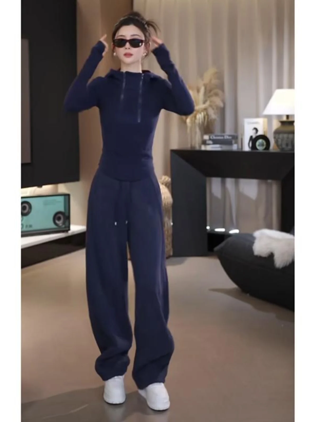 Plus Size Navy Blue American Drape Straight Pants Loose Sweat pants Women High Waist Slimming Casual Wide Leg Sweatpants Wint...