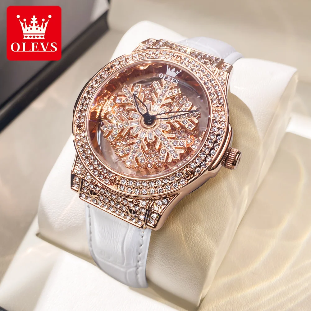 

OLEVS 9938 Full-diamond Luxury Quartz Watch for Women Waterproof Genuine Leather Strap Fashion Women Wristwatches