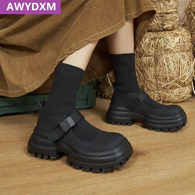 

Женские ботильоны на массивной платформе и среднем каблуке, повседневная спортивная обувь, новинка зимы 2022, трендовые модные вязаные женск...