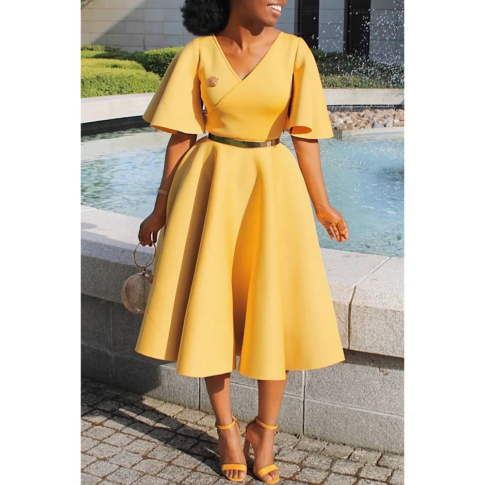 Женское элегантное ТРАПЕЦИЕВИДНОЕ голубое официальное платье средней длины с