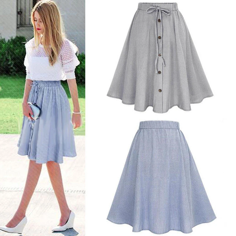 

High Waist Striped Skirt Fashion Female Summer Skirt Knee Length A-Line Pleated Skirt Button Solid Elegant Cute Skirt Ropa Mujer