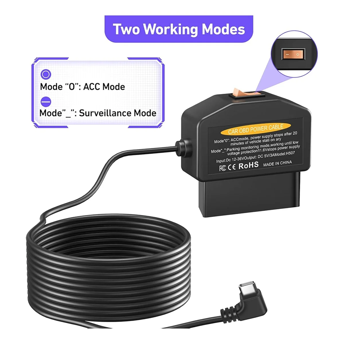 

Новый кабель питания OBD2 OBD для видеорегистратора, адаптер OBD-C USB OBDII, кабель для зарядного устройства с жестким проводом, от 12 до 36 В до 5 В/3 А
