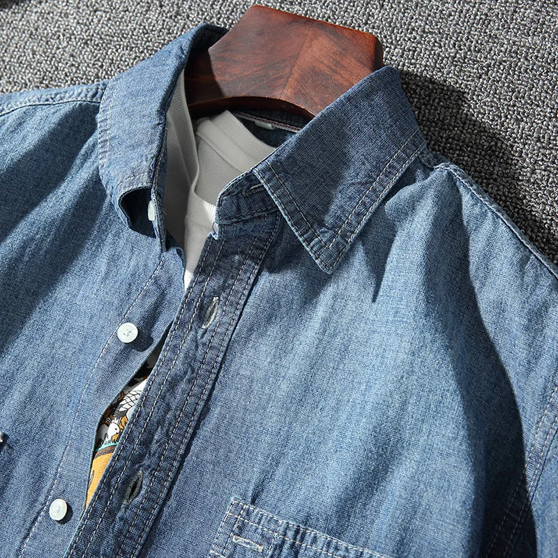 Летняя тонкая Новая мужская джинсовая рубашка с короткими рукавами и двойными