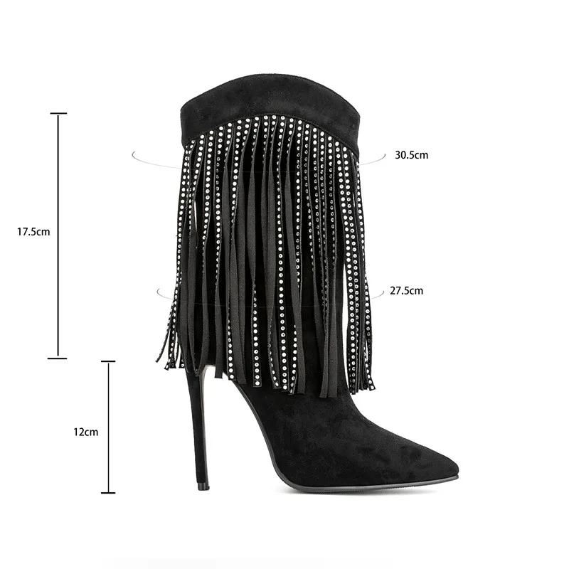 Women's Fashion Tassel Medium Boots Pointed Thin High Heels Sexy Side Zipper Large Women's Short Shoes In Autumn and Winter