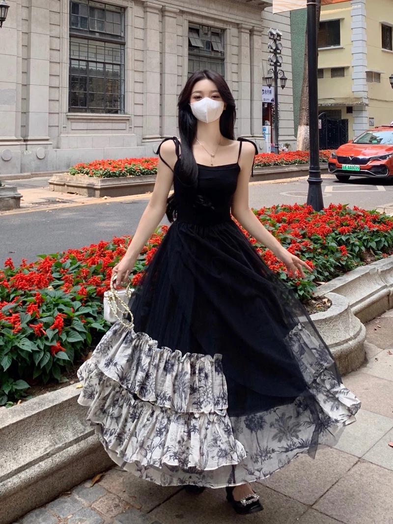 

2023 Punk Gothic Party Patchwork Ball Gown Summer Sleeveless Maxi Cake Vestido French Vintage Floral Spaghetti Strap Women Dress