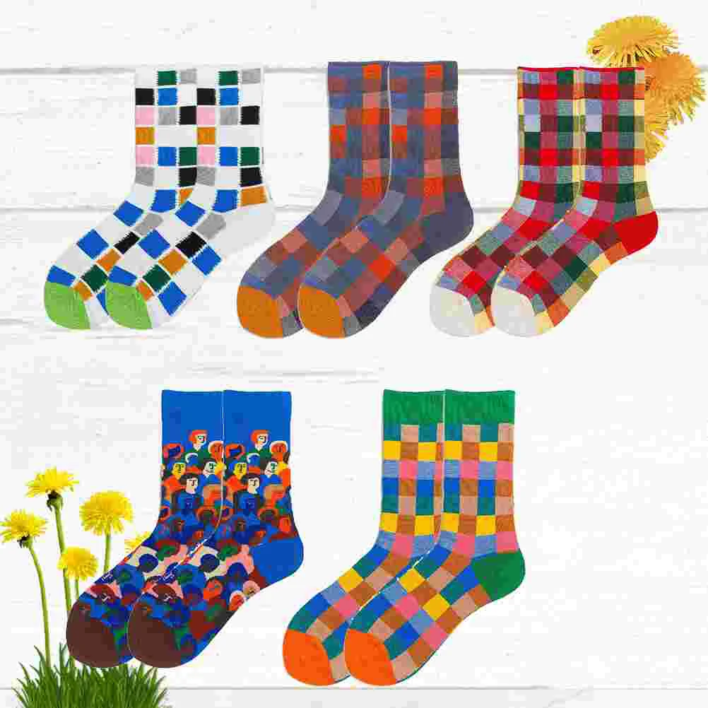 

5 Pairs of Colorful Plaid People Head Socks Simple Knee-High Cotton Stockings for Women Girl