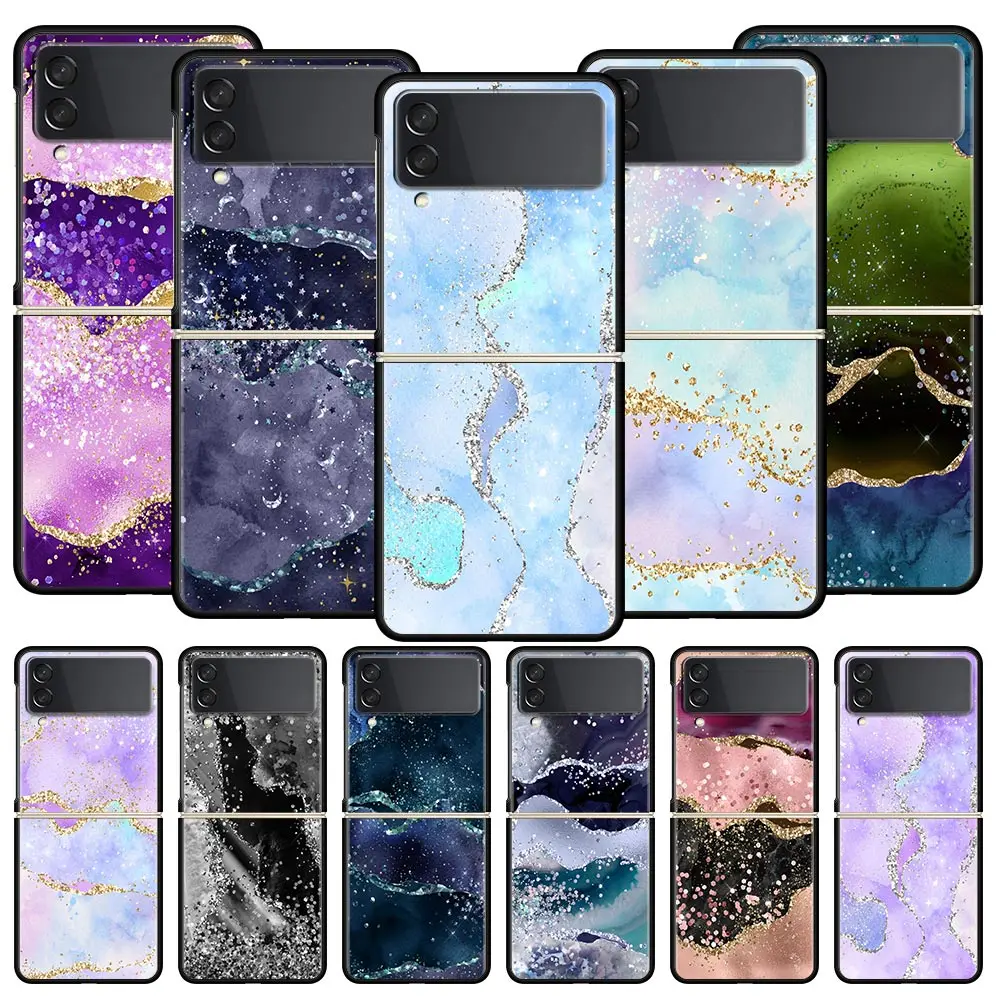 

Navy Blue Glitter Agate Marble Luxury Phone Case For Samsung Galaxy Z Flip 4 5G Fold Black Hard Shell For Samsung Z Flip 3 Cover