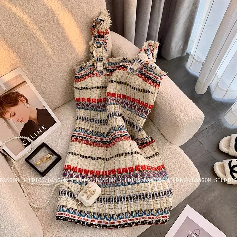 Элегантное повседневное платье из твида на тонких бретелях для женщин летнее сексуальное без рукавов с открытой спиной полоска с карманами вечернее платье.