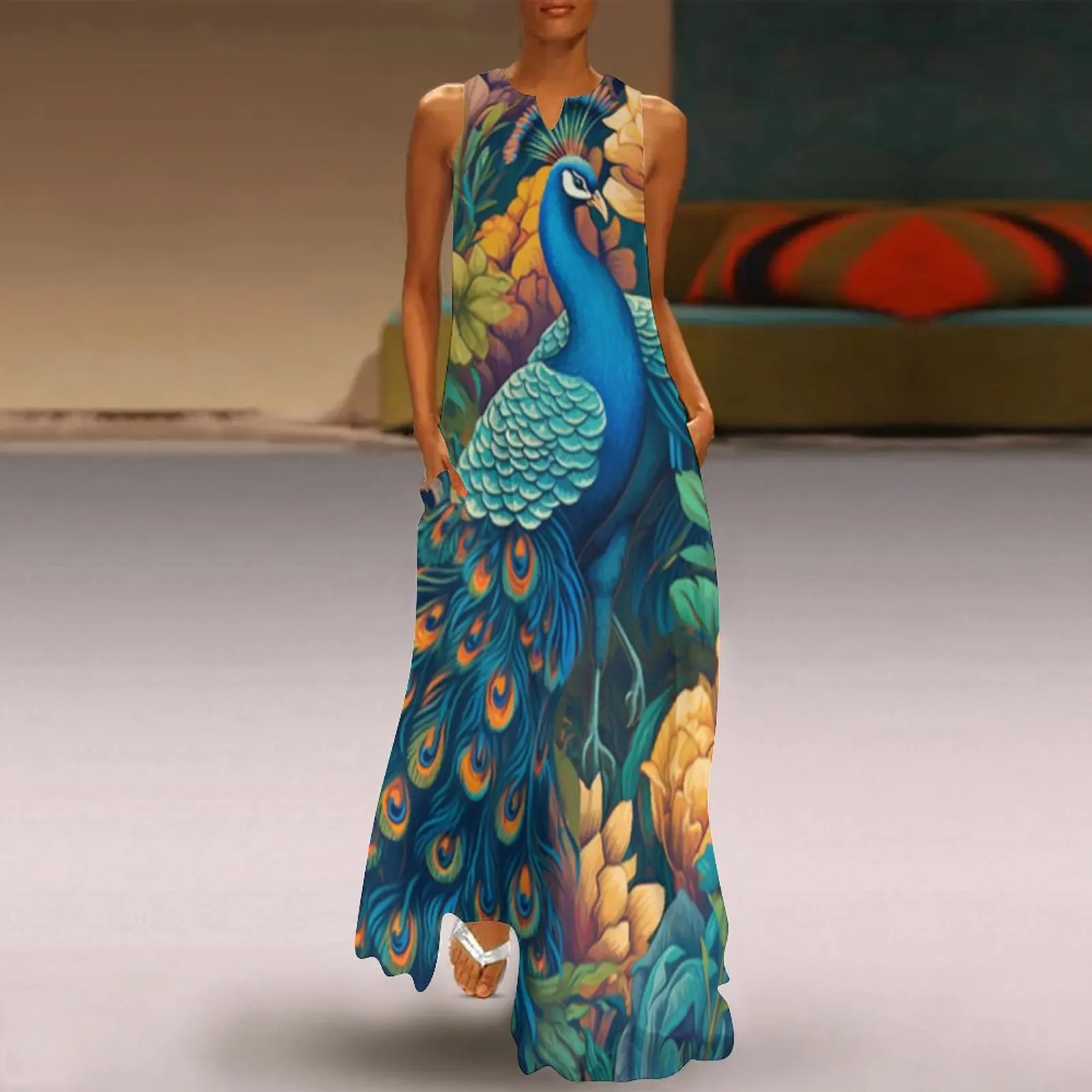 

Модное женское длинное платье, летнее приталенное платье с принтом павлина, повседневное винтажное платье